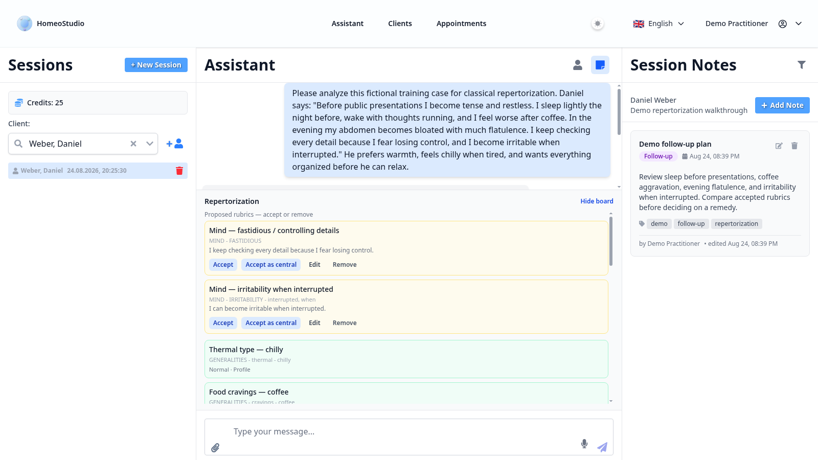 Assistant session with the original case note and review-gated rubric suggestions