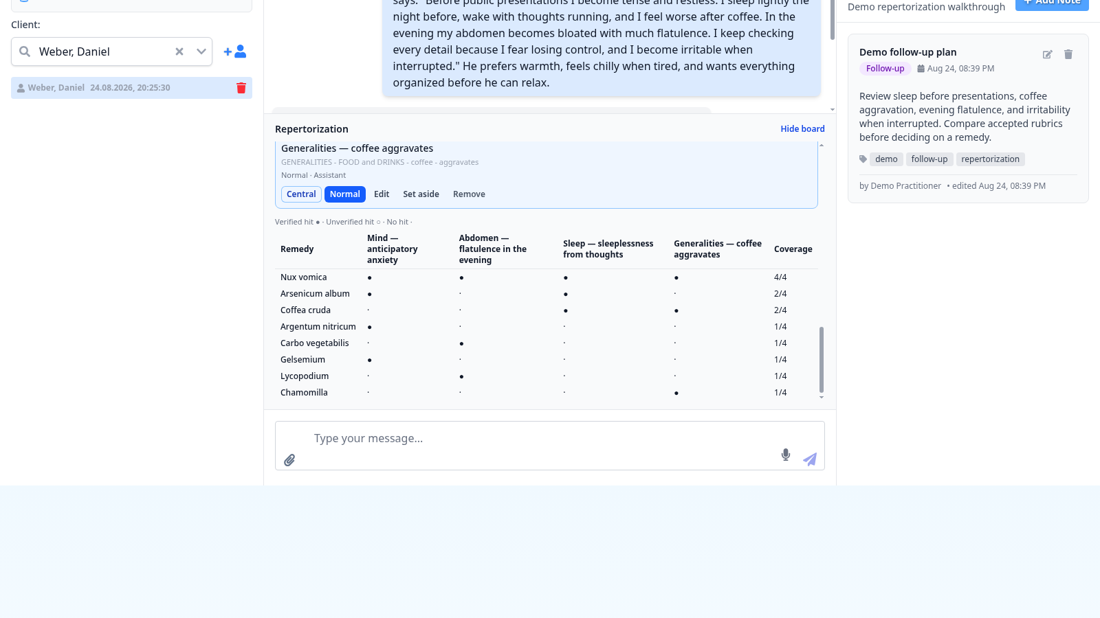 Repertorization board with accepted rubrics and a remedy comparison grid